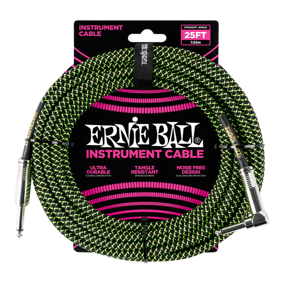 Ernie Ball 25ft  Black/Green Braided Straight/Angle Instrument cable P06066