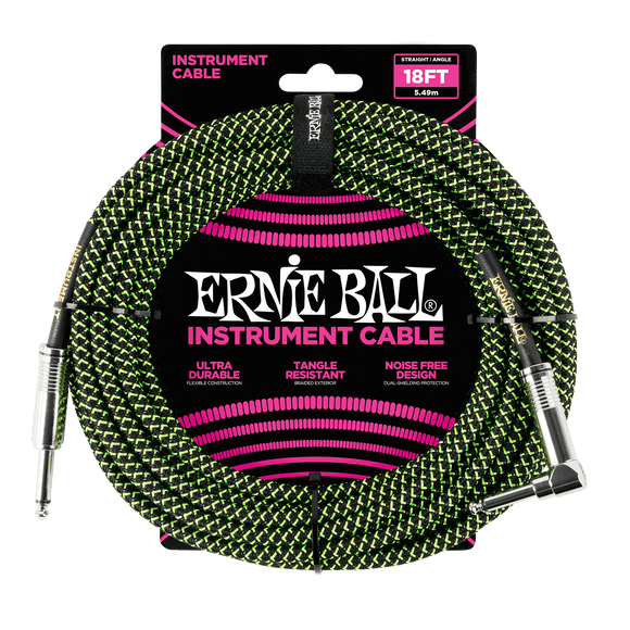 Genuine Ernie Ball 18' Braided Straight/Angle Instrument Cable Black/Green P06082