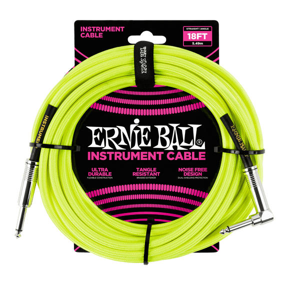 Genuine Ernie Ball 18' Braided Straight/Angle Instrument Cable Neon Yellow P06085