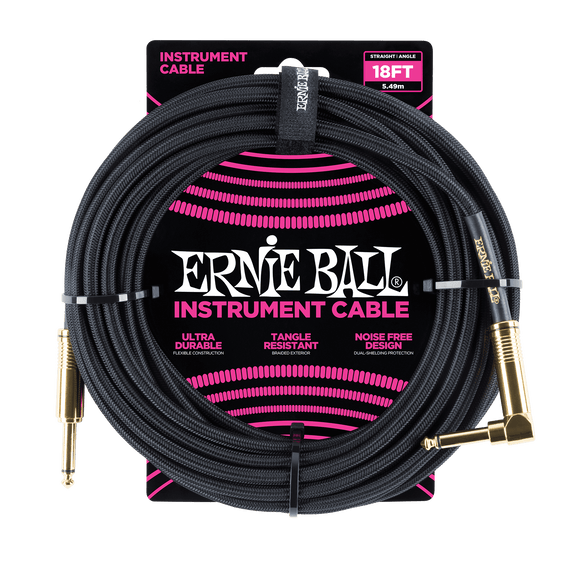 Ernie Ball 18' Braided Straight/Angle Instrument Cable Black w/Gold Conn P06086