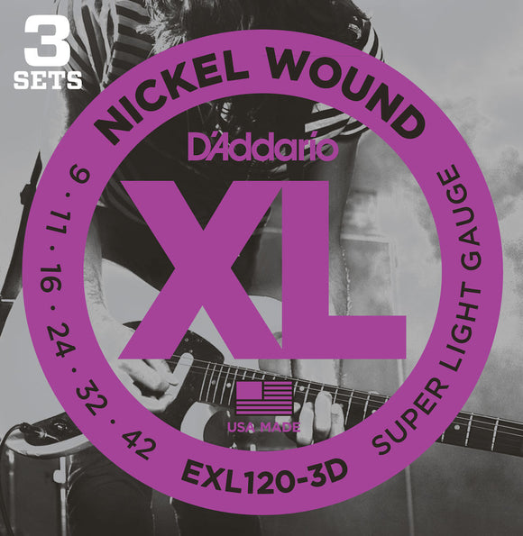 D'Addario EXL120-3D Nickel Wound Guitar Strings, Super Light, 09-42, 3 Sets