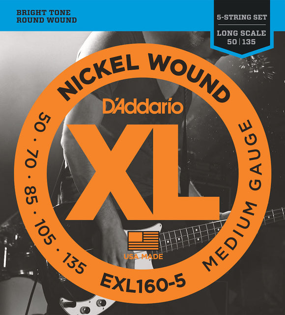 D'Addario EXL160-5 5-String Nickel Wound Bass Strings Medium, 50-135, Long Scale