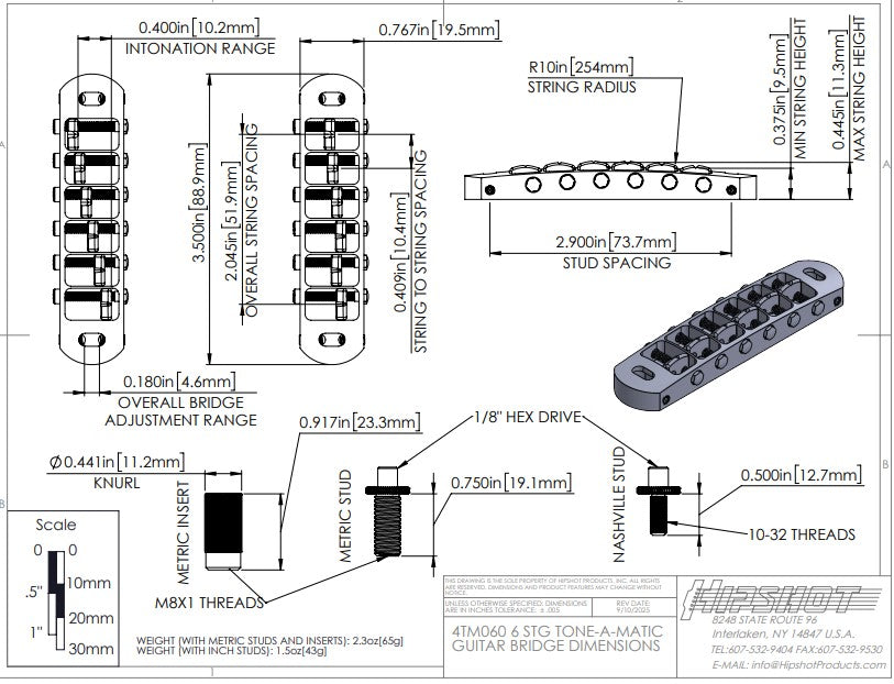 Hipshot Tone-A-Matic Bridge and Tailpiece Chrome 4TM060C| SportHiTech