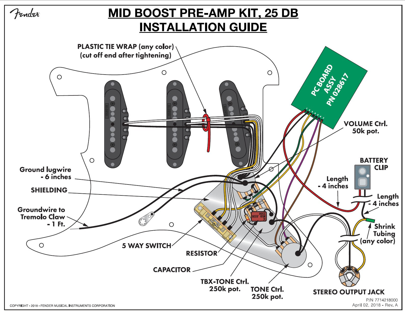 Fender Active Pre-amp 25dB Mid Boost upgrade Kit 005-7577-000