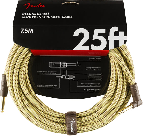 Fender Deluxe Series Instrument Cable, Straight/Angle, 25', Tweed | SportHiTech