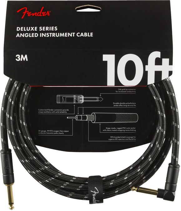 Fender Deluxe Series Instrument Cable, Straight/Angle, 10', Black Tweed | SportHiTech