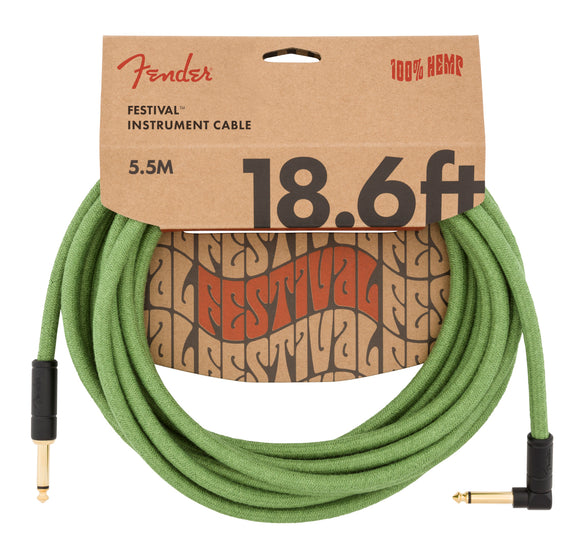Fender Festival Instrument Cable 18.6 ft Angle/Straight Pure Hemp, Green | SportHiTech