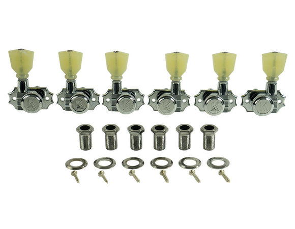 Kluson Revolution Locking Tuners 3x3 Pearloid keystone button Nickel KEDPL-3801N | SportHiTech
