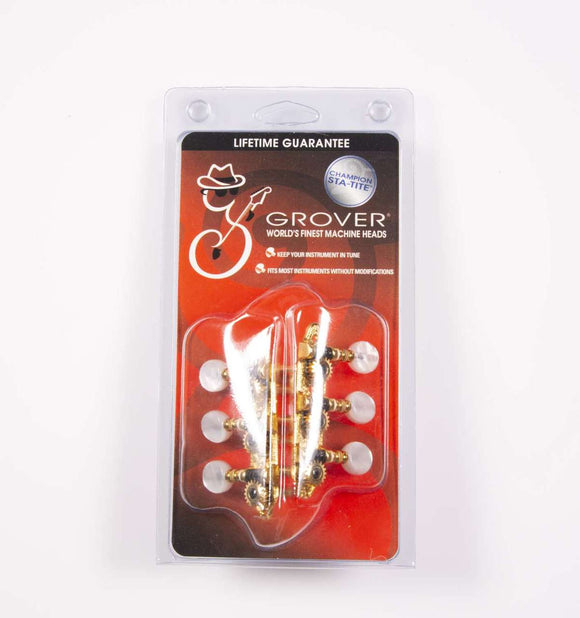 Genuine Grover Sta-Tite Mini 3 per plate, Gold 3+3. pearloid button