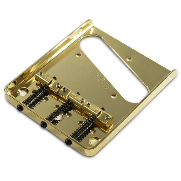 Kluson Hybrid Replacement Bridge For Fender American Standard Telecaster Steel With Intonated Brass Saddles - Gloss Gold | SportHiTech
