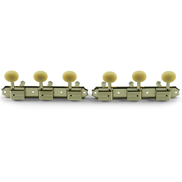 Kluson 3 On A Plate Deluxe Series Tuning Machines - No Line - Standard Post - Nickel With Oval Plastic Buttons | SportHiTech