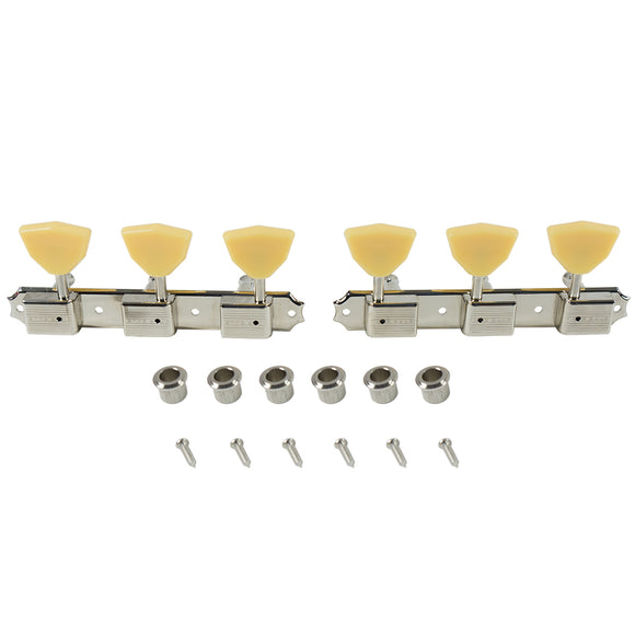 Kluson 3 On A Plate Deluxe Series Tuning Machines - Single Line - Standard Post - Nickel With Butterfly Plastic Buttons | SportHiTech