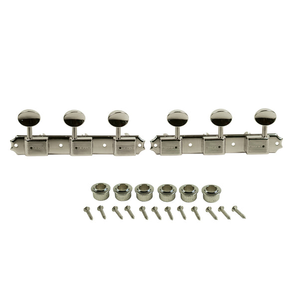 Kluson 3 On A Plate Deluxe Series Tuning Machines - Single Line - SafeTi Post - Nickel With Oval Metal Buttons | SportHiTech