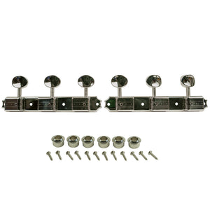 Kluson 3 On A Plate Deluxe Series Tuning Machines - Single Line - Standard Post - Nickel With Oval Metal Buttons | SportHiTech