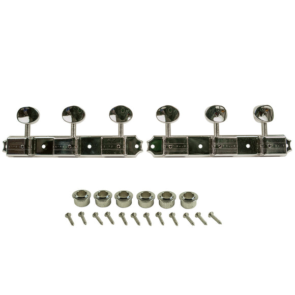 Kluson 3 On A Plate Deluxe Series Tuning Machines - Single Line - Standard Post - Nickel With Oval Metal Buttons | SportHiTech