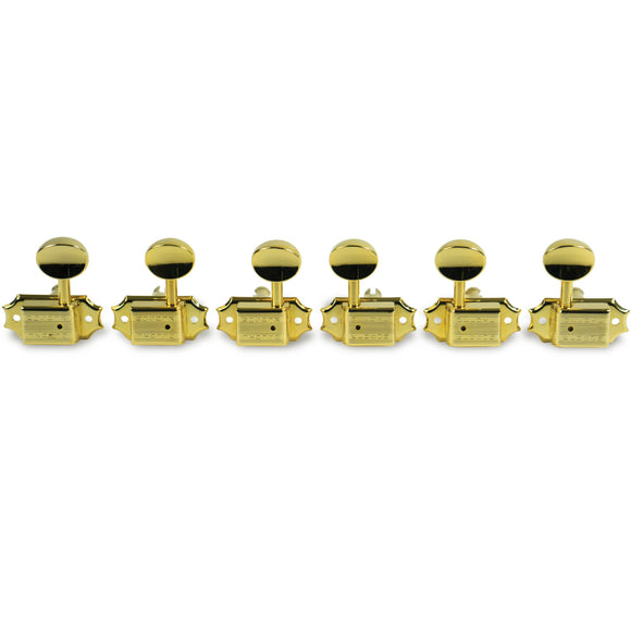 Kluson 3 Per Side Deluxe Series Tuning Machines - Double Line - Standard Post - Gold With Metal Oval Buttons | SportHiTech