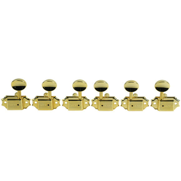 Kluson 3 Per Side Deluxe Series Tuning Machines - Single Line - Standard Post - Gold With Metal Oval Buttons | SportHiTech