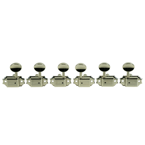 Kluson 3 Per Side Deluxe Series Tuning Machines - Single Line - Standard Post - Nickel With Metal Oval Buttons | SportHiTech