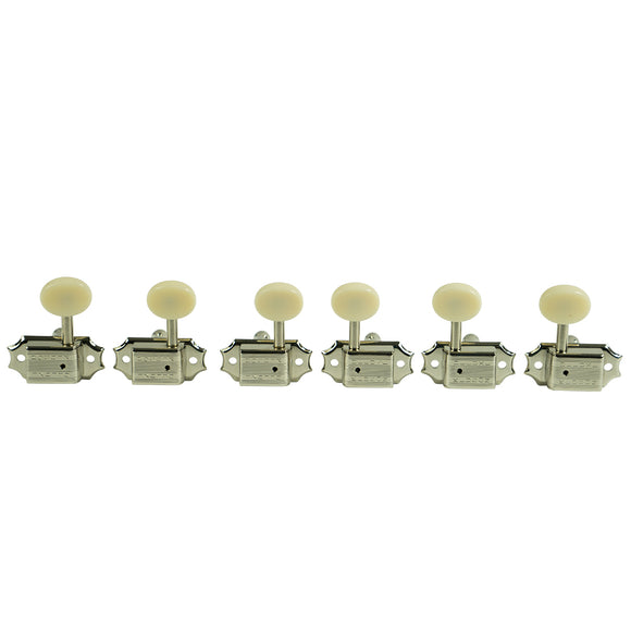 Kluson 3 Per Side Deluxe Series Tuning Machines - Double Line - Standard Post - Nickel With Plastic Oval Buttons | SportHiTech