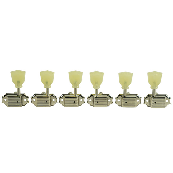 Kluson 3 Per Side Deluxe Series Tuning Machines - No Line - Standard Post - Nickel With Plastic Keystone Buttons | SportHiTech
