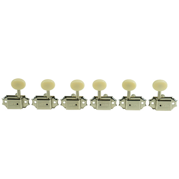 Kluson 3 Per Side Deluxe Series Tuning Machines - Single Line - Standard Post - Nickel With Plastic Oval Buttons | SportHiTech