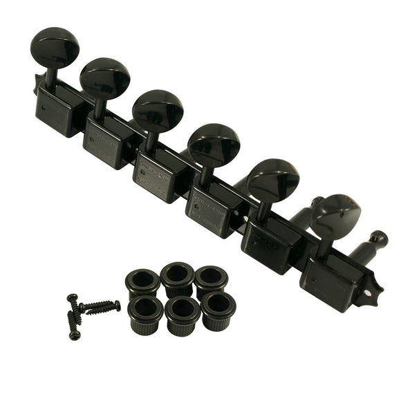 Kluson 6 On A Plate Deluxe Series Tuning Machines - Double Line - Black With Oval Metal Buttons | SportHiTech
