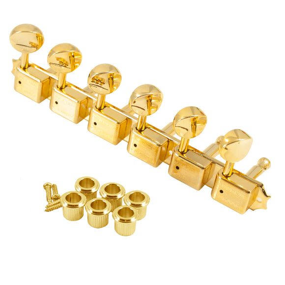 Kluson 6 On A Plate Deluxe Series Tuning Machines - Double Line - Gold With Oval Metal Buttons | SportHiTech