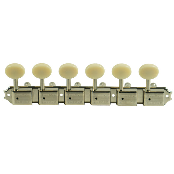 Kluson 6 On A Plate Deluxe Series Tuning Machines - Double Line - Nickel With Oval Plastic Buttons | SportHiTech