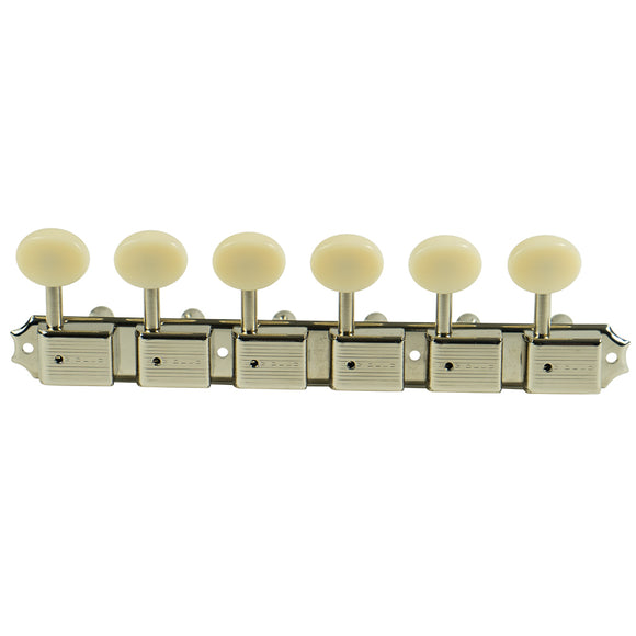 Kluson 6 On A Plate Deluxe Series Tuning Machines - Single Line - Nickel With Oval Plastic Buttons | SportHiTech