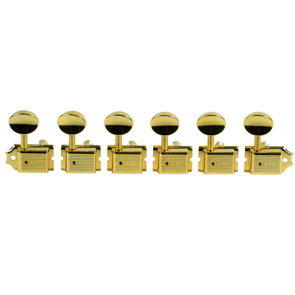 Kluson 6 In Line Deluxe Series Tuning Machines - Single Line - Gold With Oval Metal Buttons | SportHiTech