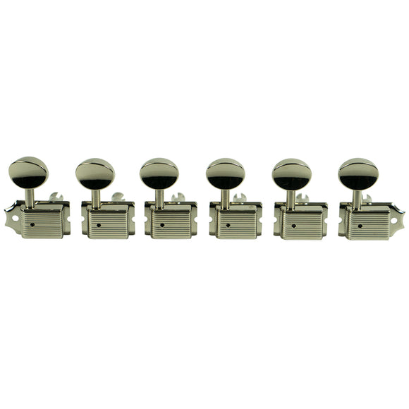 Kluson 6 In Line Deluxe Series Tuning Machines - No Line - Nickel With Oval Metal Buttons | SportHiTech