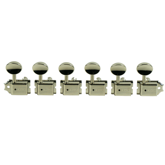 Kluson 6 In Line Deluxe Series Tuning Machines - Single Line - Nickel With Oval Metal Buttons | SportHiTech