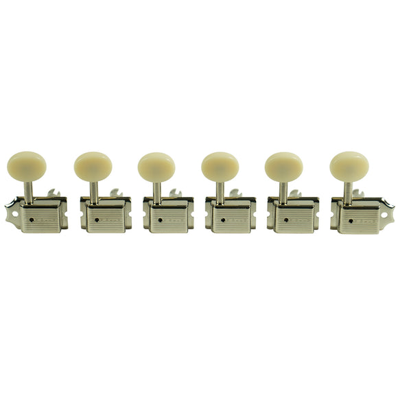 Kluson 6 In Line Deluxe Series Tuning Machines - Single Line - Nickel With Oval Plastic Buttons | SportHiTech