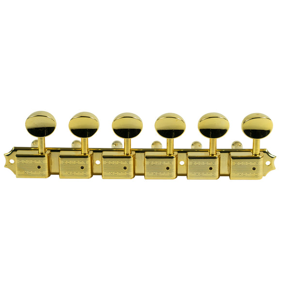 Kluson 6 On A Plate Left Hand Deluxe Series Tuning Machines - Double Line - Gold With Oval Metal Buttons | SportHiTech