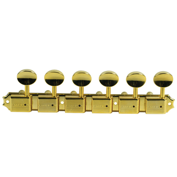 Kluson 6 On A Plate Left Hand Deluxe Series Tuning Machines - Single Line - Gold With Oval Metal Buttons | SportHiTech