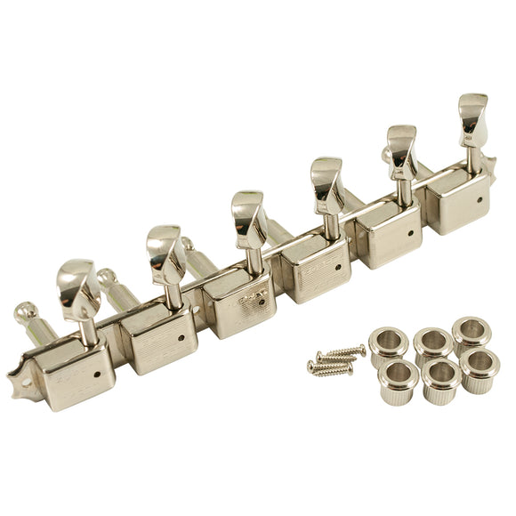 Kluson 6 On A Plate Left Hand Deluxe Series Tuning Machines - Double Line - Nickel With Oval Metal Buttons | SportHiTech