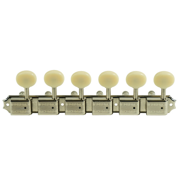 Kluson 6 On A Plate Left Hand Deluxe Series Tuning Machines - Double Line - Nickel With Oval Plastic Buttons | SportHiTech