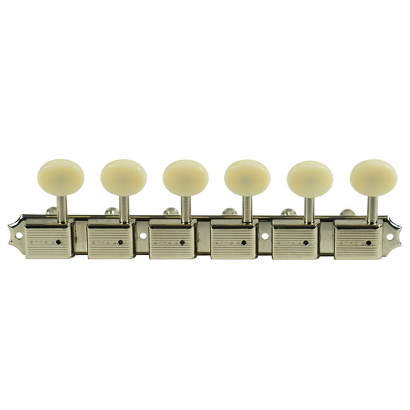Kluson 6 On A Plate Left Hand Deluxe Series Tuning Machines - Single Line - Nickel With Oval Plastic Buttons | SportHiTech