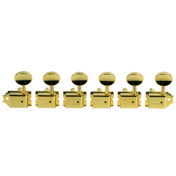 Kluson 6 In Line Left Hand Deluxe Series Tuning Machines - Single Line - SafeTi Post - Gold With Oval Metal Buttons | SportHiTech