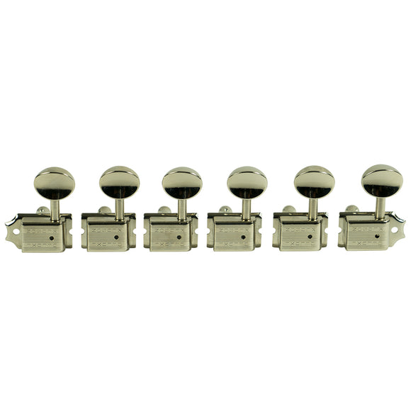 Kluson 6 In Line Left Hand Deluxe Series Tuning Machines - Double Line - Drilled Post - Nickel With Oval Metal Buttons | SportHiTech