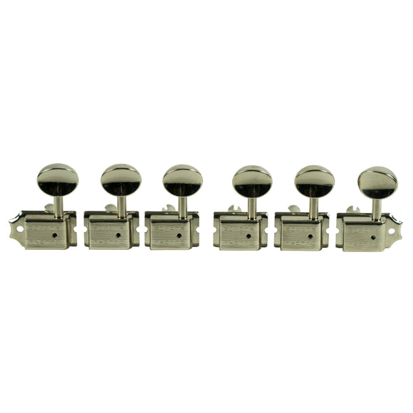 Kluson 6 In Line Left Hand Deluxe Series Tuning Machines - Double Line - SafeTi Post - Nickel With Oval Metal Buttons | SportHiTech