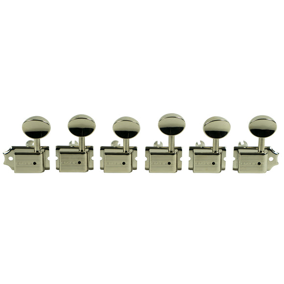 Kluson 6 In Line Left Hand Deluxe Series Tuning Machines - Single Line - SafeTi Post - Nickel With Oval Metal Buttons | SportHiTech