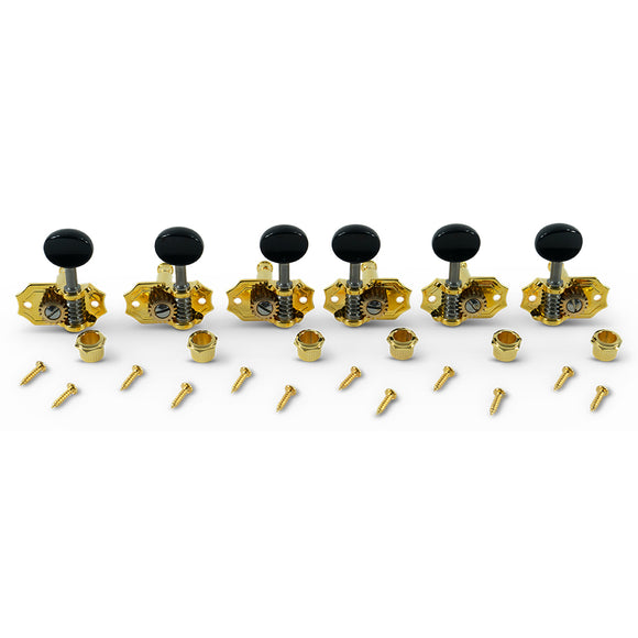 Kluson 3 Per Side Prestige Series Vintage Vertical Mount Open Bronze Gear Tuning Machines Gold With Black Plastic Buttons | SportHiTech