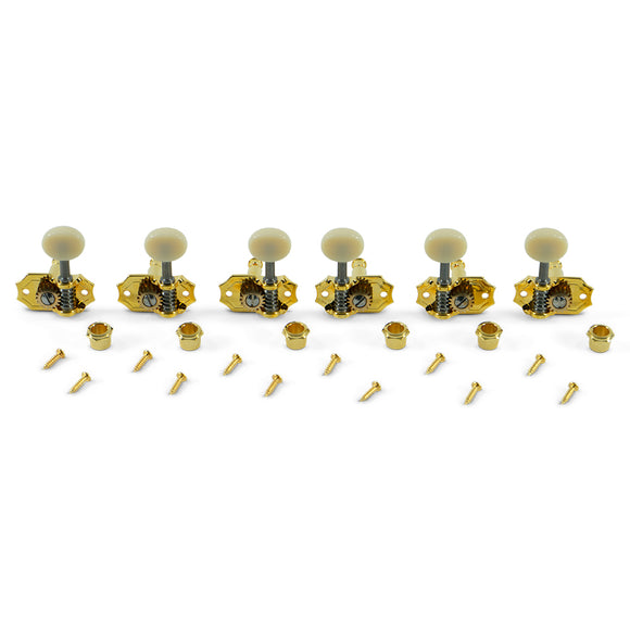 Kluson 3 Per Side Prestige Series Vintage Vertical Mount Open Bronze Gear Tuning Machines Gold With Parchment Plastic Buttons | SportHiTech