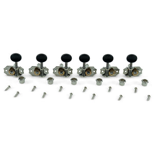 Kluson 3 Per Side Prestige Series Vintage Vertical Mount Open Bronze Gear Tuning Machines Nickel With Black Plastic Buttons | SportHiTech