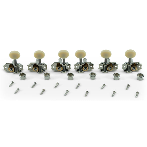 Kluson 3 Per Side Prestige Series Vintage Vertical Mount Open Bronze Gear Tuning Machines Nickel With Parchment Plastic Buttons | SportHiTech