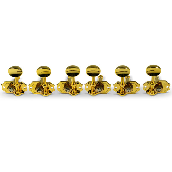 Kluson 3 Per Side Prestige Series Vertical Mount Open Brass Gear Tuning Machines - Gold With Metal Oval Buttons | SportHiTech