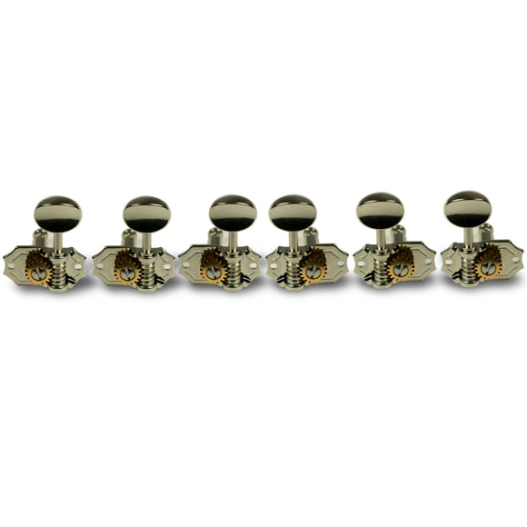 Kluson 3 Per Side Prestige Series Vertical Mount Open Brass Gear Tuning Machines - Nickel With Metal Oval Buttons | SportHiTech