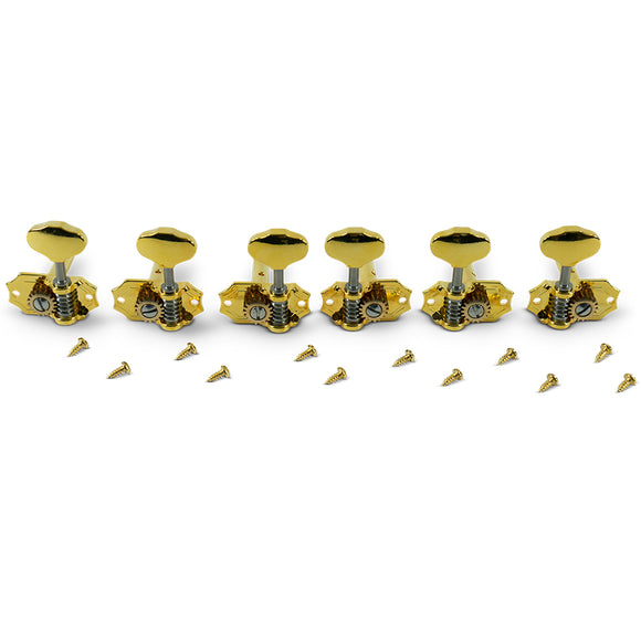 Kluson 3 Per Side Prestige Series Horizontal Mount Open Bronze Gear Tuning Machines Gold With Metal Button | SportHiTech