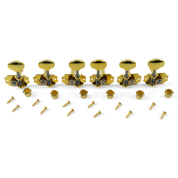 Kluson 3 Per Side Prestige Series Vertical Mount Open Bronze Gear Tuning Machines Gold With Metal Button | SportHiTech